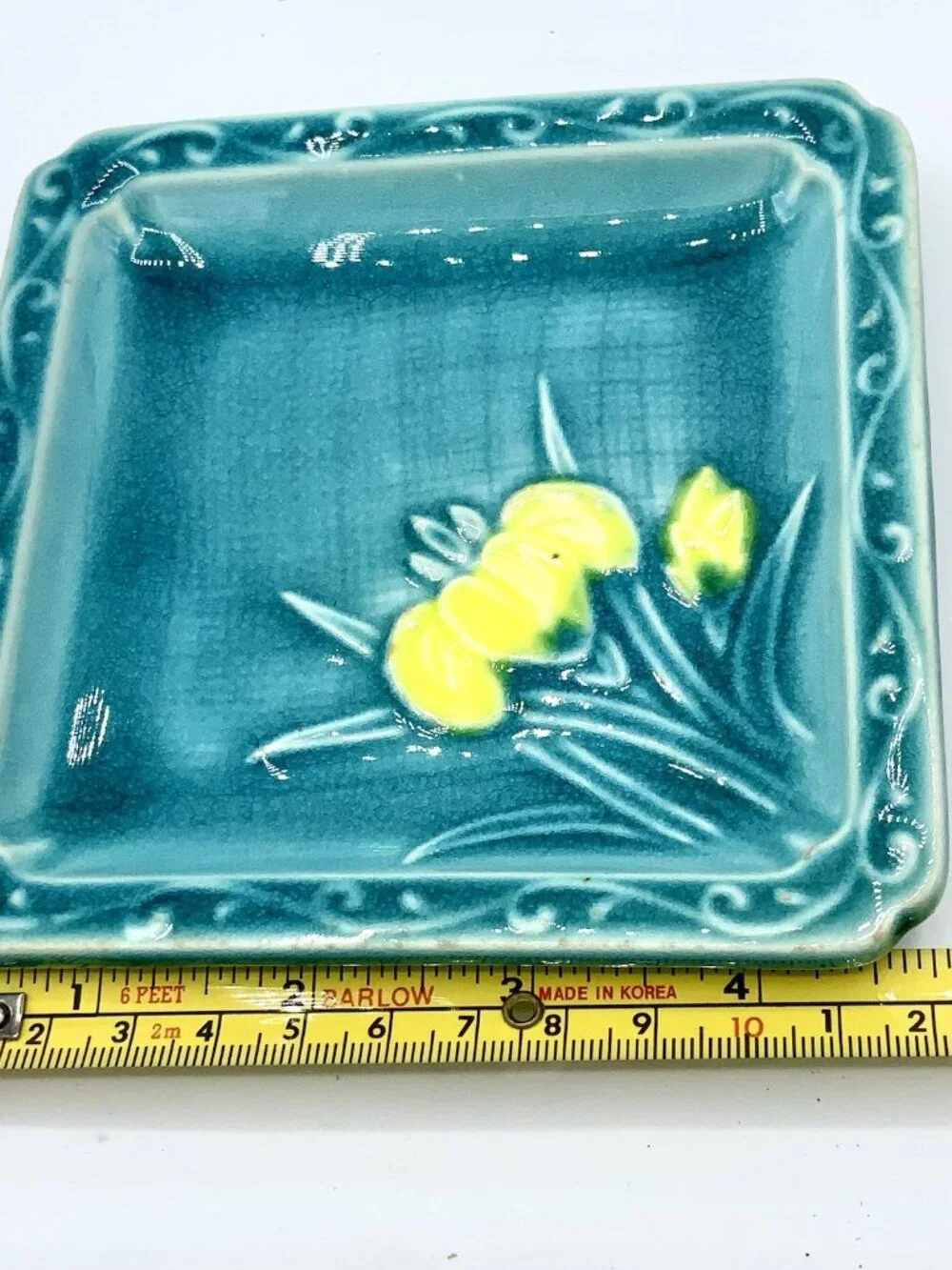 Vintage Turquoise Teal Ceramic Coaster Small Plate Set 5 Plates + Bamboo Holder